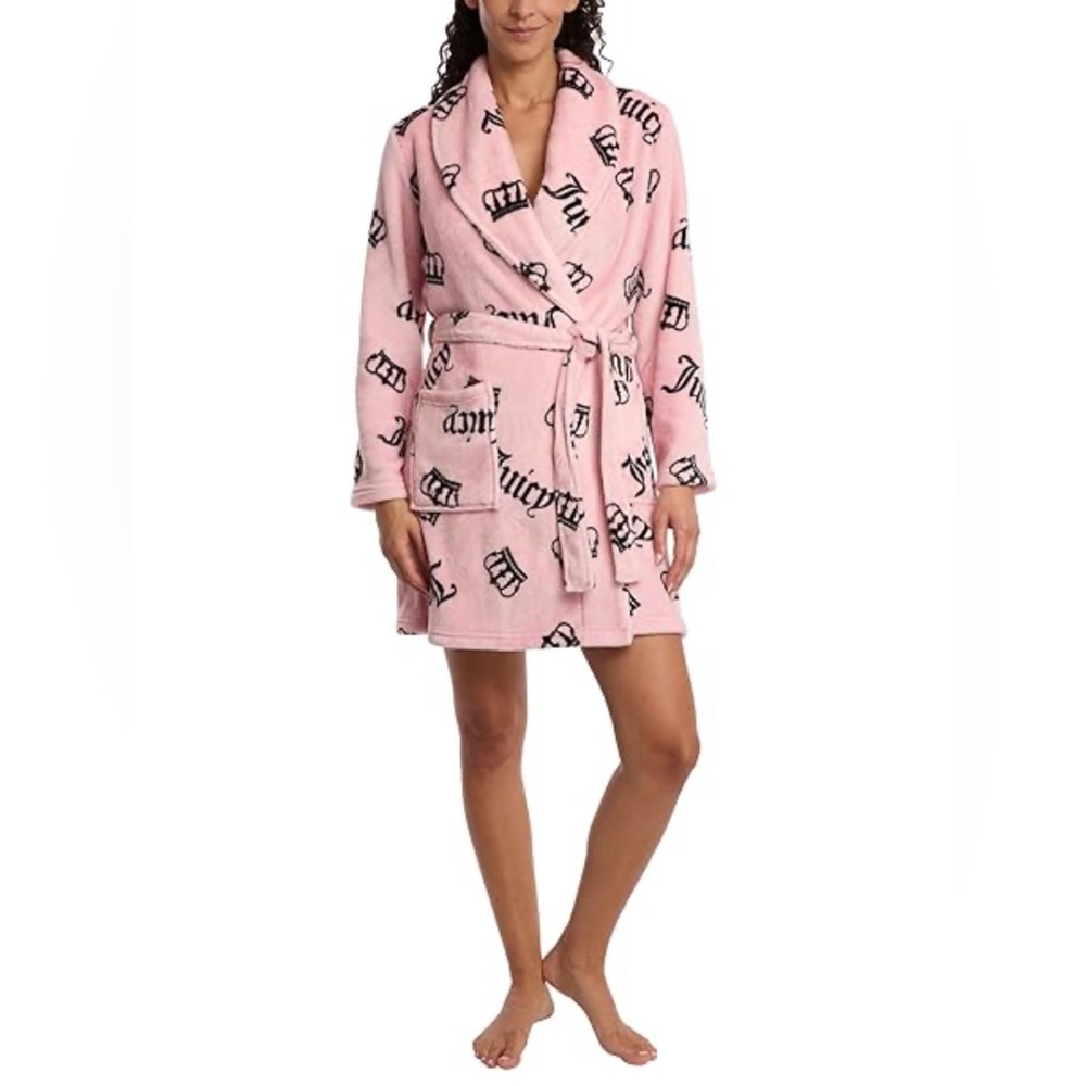 Juicy Couture Women’s Fluffy Robe size S/M Pink Black Crowns